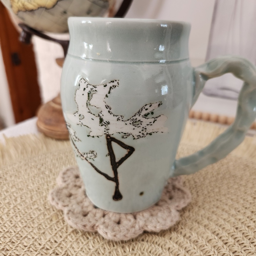 Wing Studio Pottery Handcrafted Celadon Floral Branch Wavy Handle Mug Signed